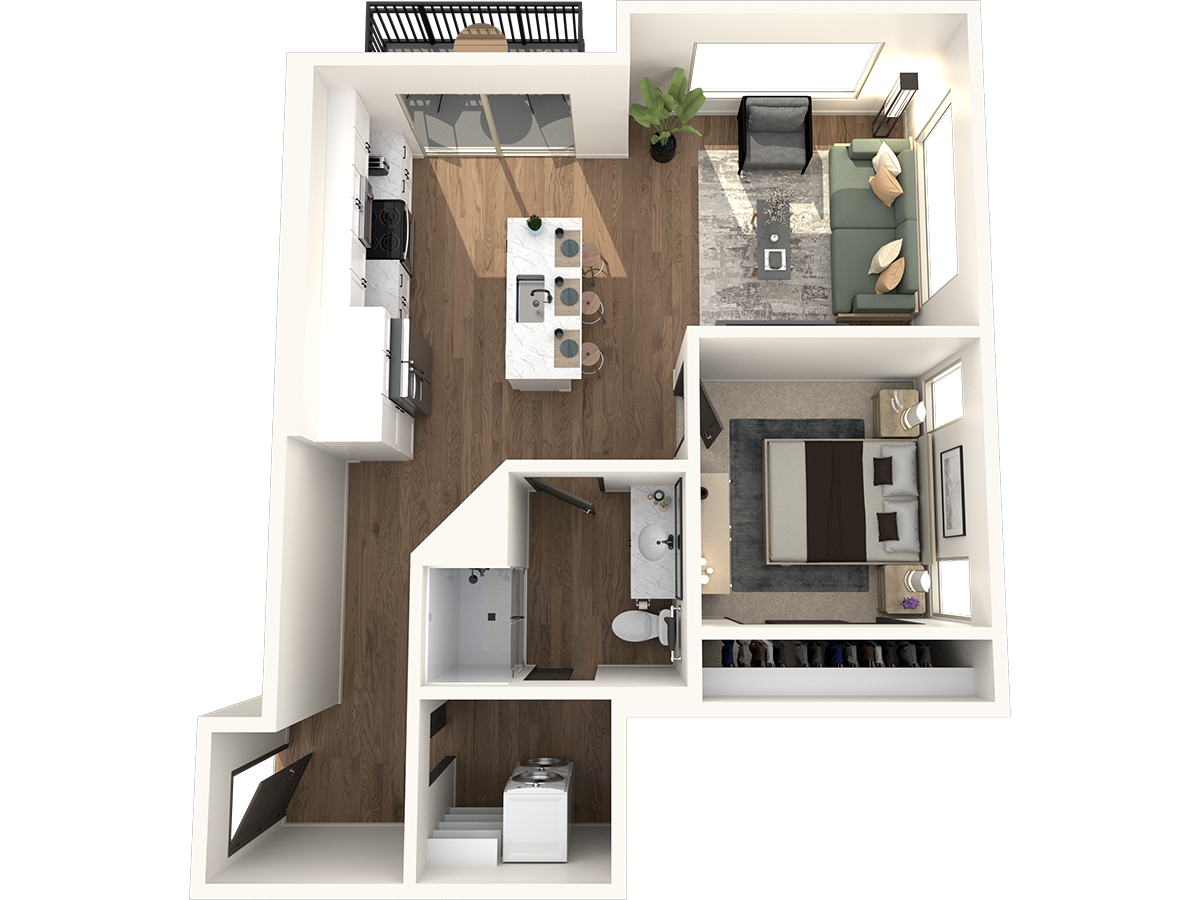 Floor plan for 1 bed, 1 bath, 707 sqft